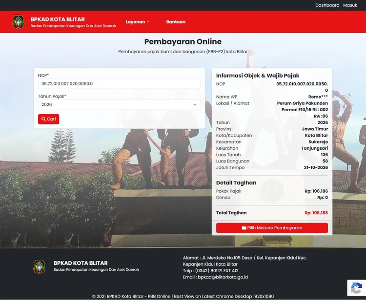 Menu Pembayaran Online & Cek Tagihan NOP E-Pelayanan